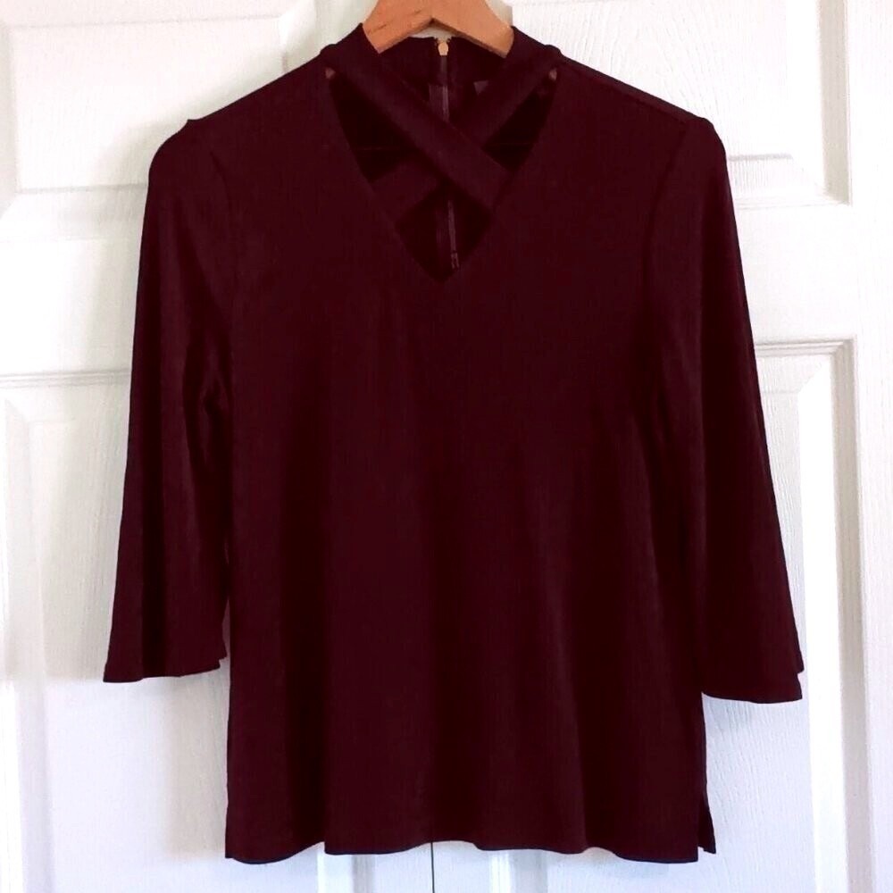 Chicos Travelers Womens Top Burgundy Size SP Mock Neck Crisscross Cutout Office